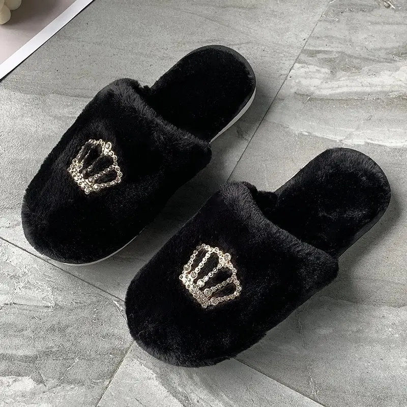 Autumn and Winter New Plush Slippers Women's Flat Crown Baotou Cotton Slippers Casual Warm Soft Sole Home Shoes