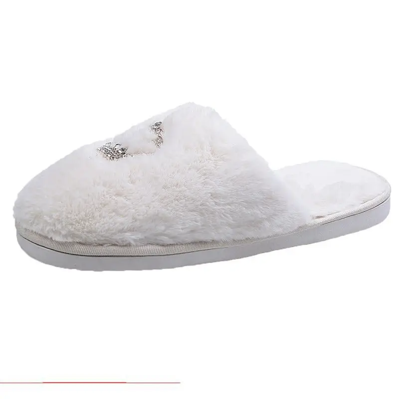Autumn and Winter New Plush Slippers Women's Flat Crown Baotou Cotton Slippers Casual Warm Soft Sole Home Shoes