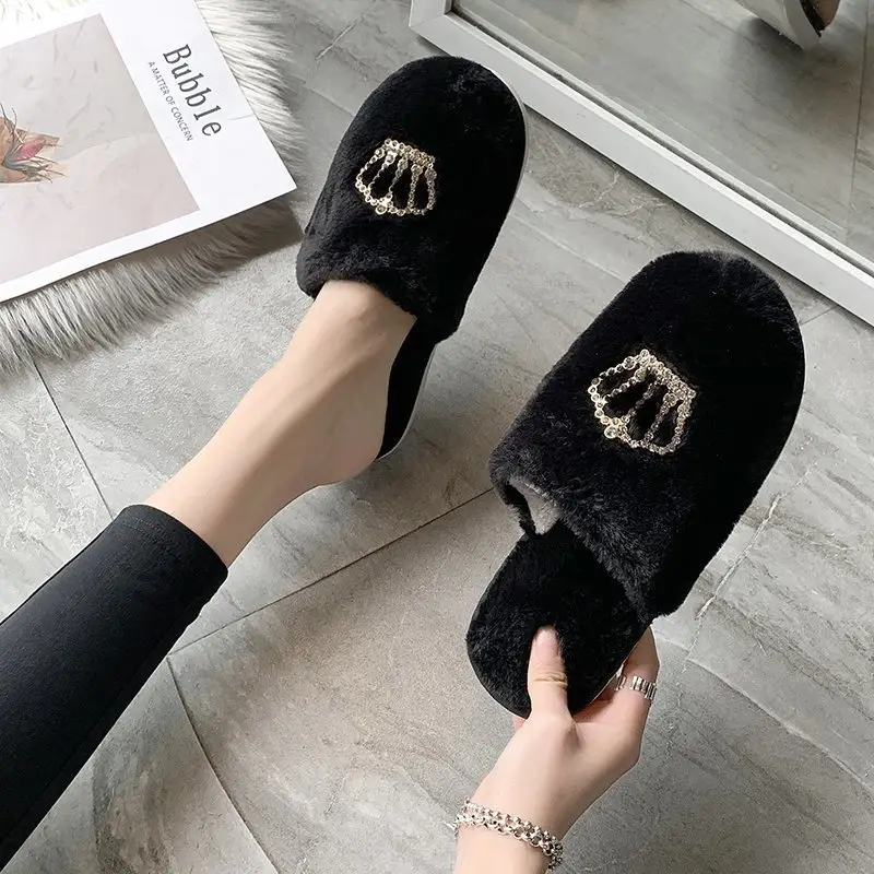 Autumn and Winter New Plush Slippers Women's Flat Crown Baotou Cotton Slippers Casual Warm Soft Sole Home Shoes