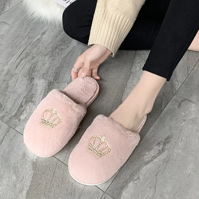 Autumn and Winter New Plush Slippers Women's Flat Crown Baotou Cotton Slippers Casual Warm Soft Sole Home Shoes
