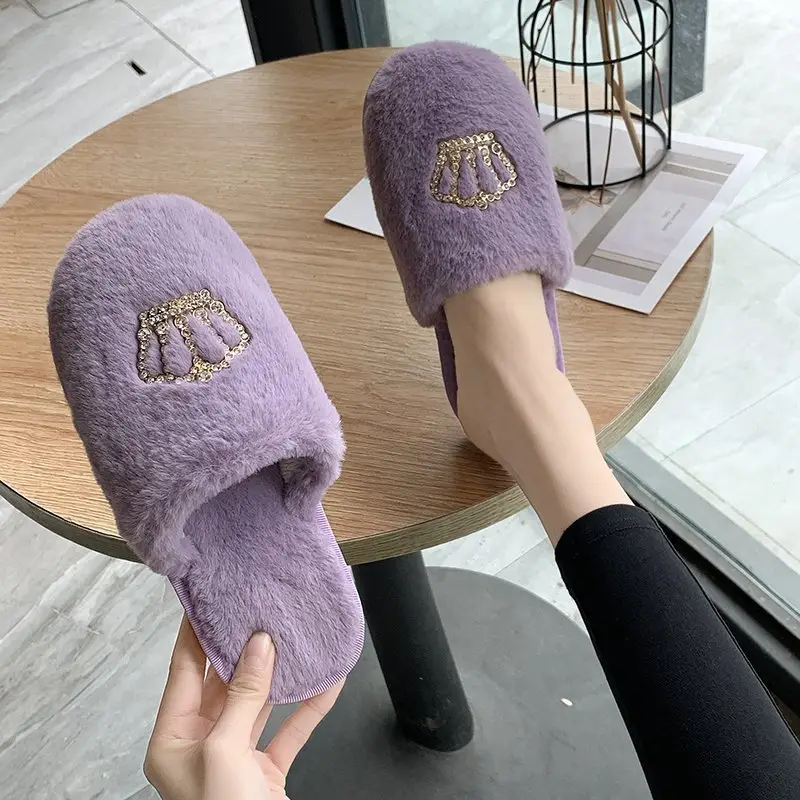 Autumn and Winter New Plush Slippers Women's Flat Crown Baotou Cotton Slippers Casual Warm Soft Sole Home Shoes