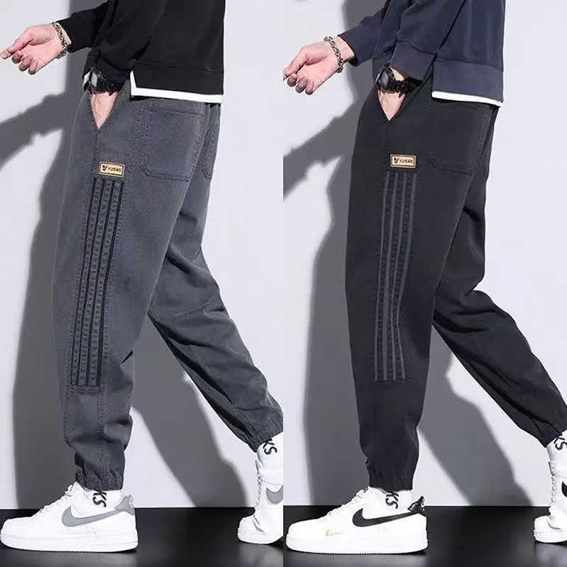 Men Casual Striped Leggings Grey Black Loose Fit - Image 3