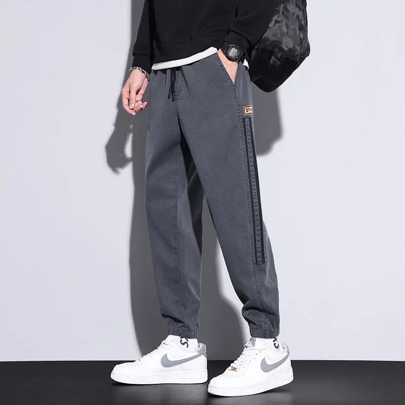 Men Casual Striped Leggings Grey Black Loose Fit - Image 4
