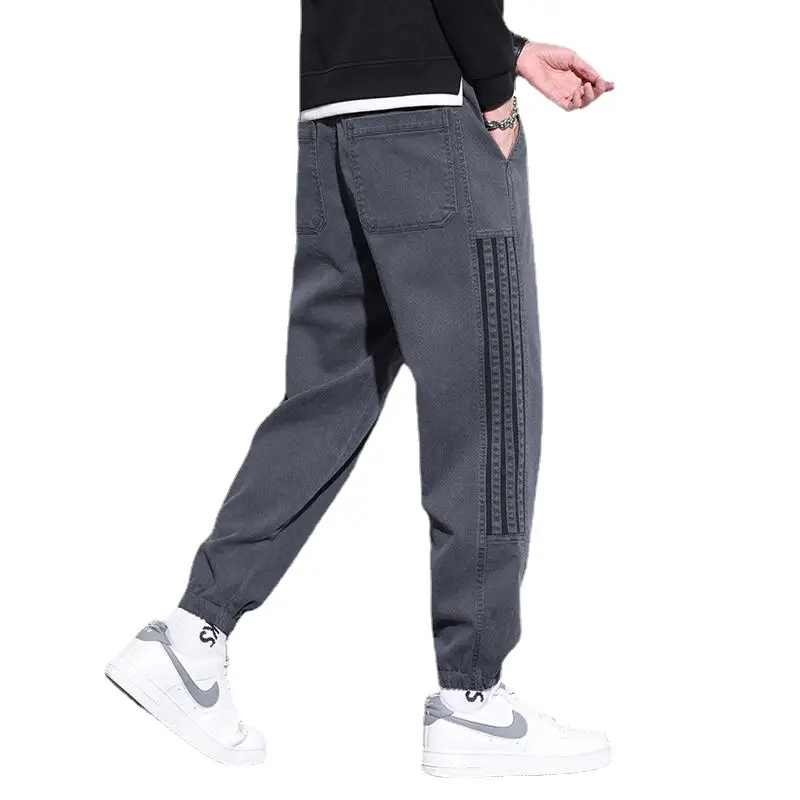 Men Casual Striped Leggings Grey Black Loose Fit - Image 6