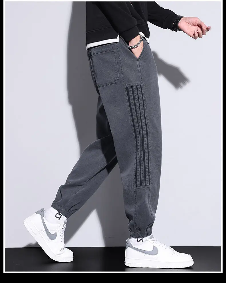Men Casual Striped Leggings Grey Black Loose Fit — feature 7