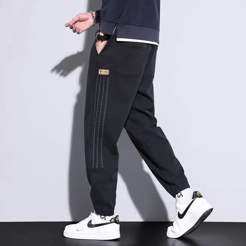Men Casual Striped Leggings Grey Black Loose Fit - Image 2