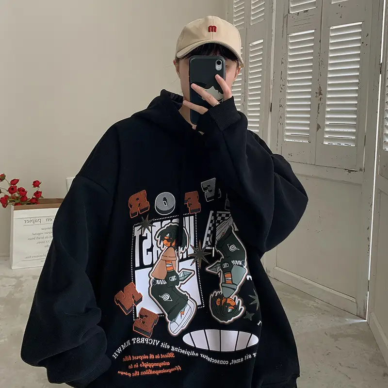 Men's Black Cartoon Hooded Sweatshirt Spring Autumn West Coast Fashion - Image 5