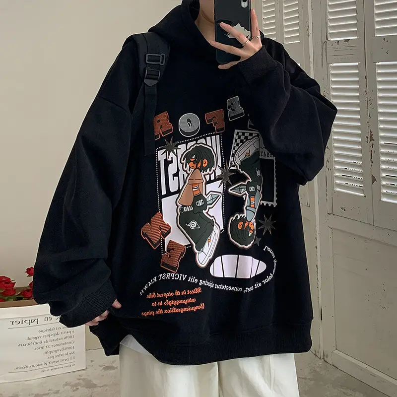 Men's Black Cartoon Hooded Sweatshirt Spring Autumn West Coast Fashion - Image 6