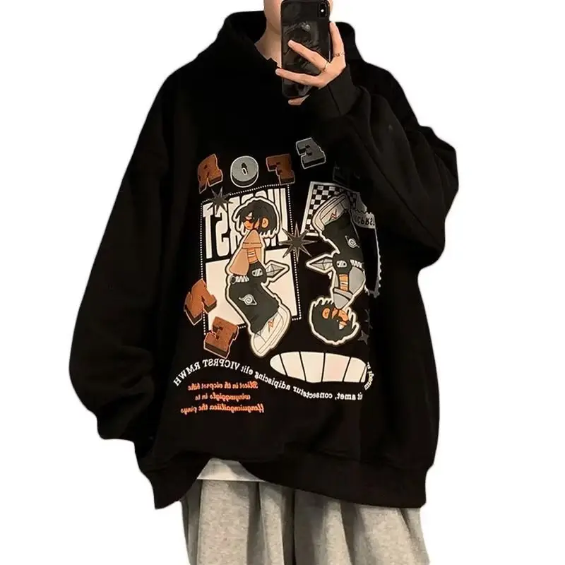 Men's Black Cartoon Hooded Sweatshirt Spring Autumn West Coast Fashion - Image 7
