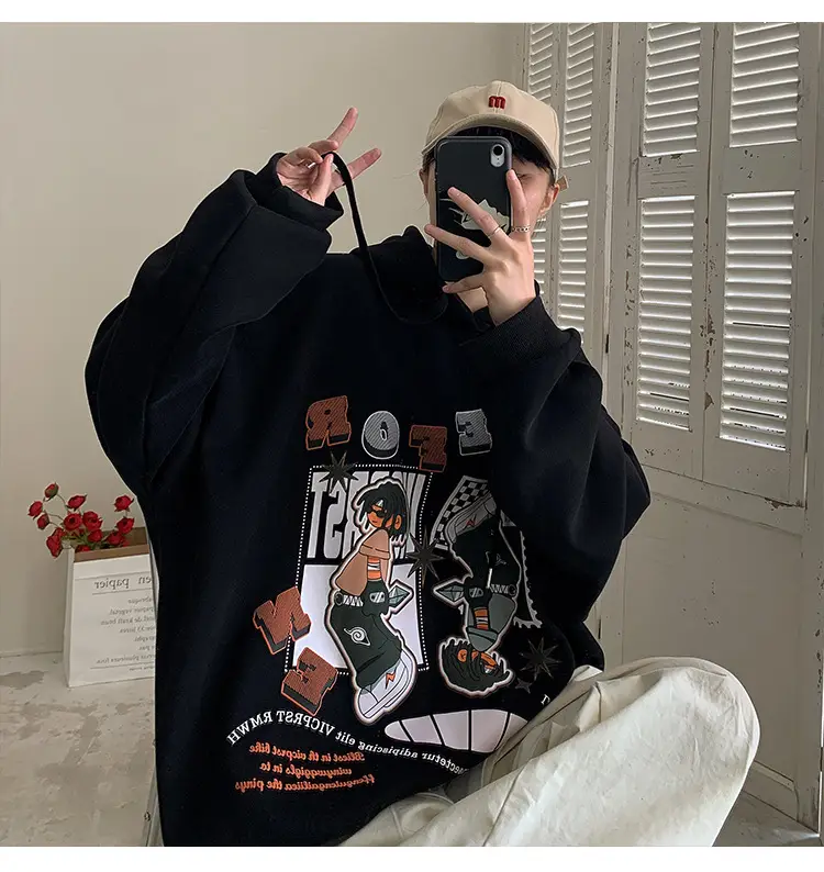 Men's Black Cartoon Hooded Sweatshirt Spring Autumn West Coast Fashion — feature 10