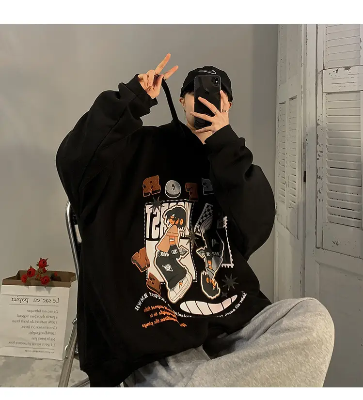 Men's Black Cartoon Hooded Sweatshirt Spring Autumn West Coast Fashion — feature 11