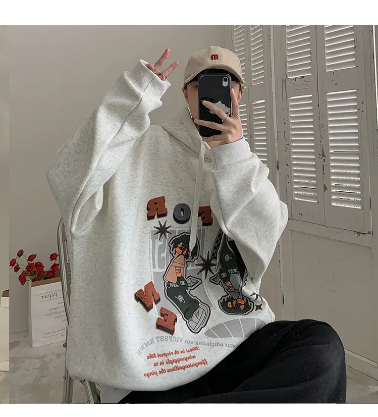 Men's Black Cartoon Hooded Sweatshirt Spring Autumn West Coast Fashion — feature 17