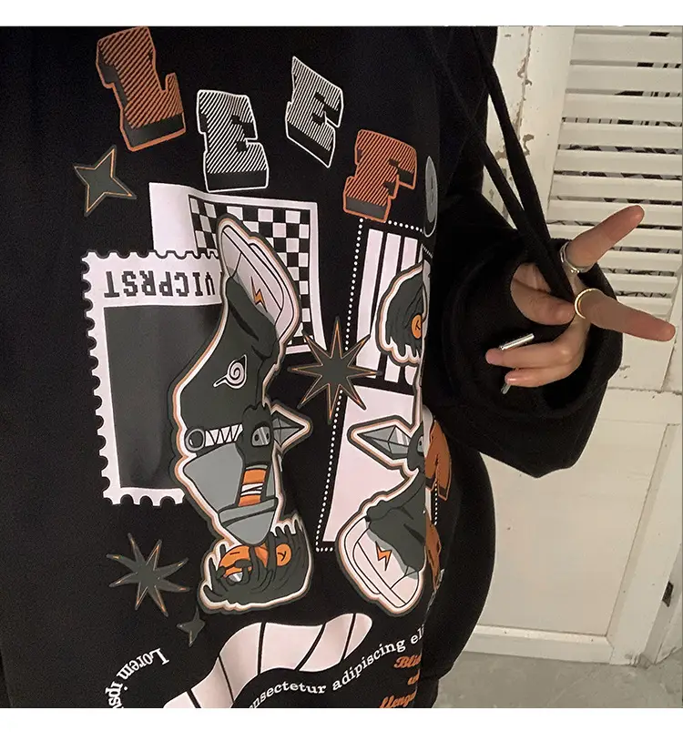 Men's Black Cartoon Hooded Sweatshirt Spring Autumn West Coast Fashion — feature 7