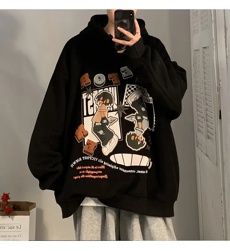 Men's Black Cartoon Hooded Sweatshirt Spring Autumn West Coast Fashion — feature 8