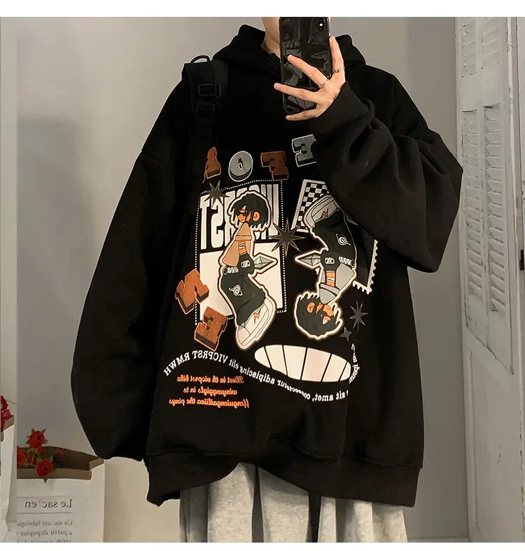 Men's Black Cartoon Hooded Sweatshirt Spring Autumn West Coast Fashion — feature 9