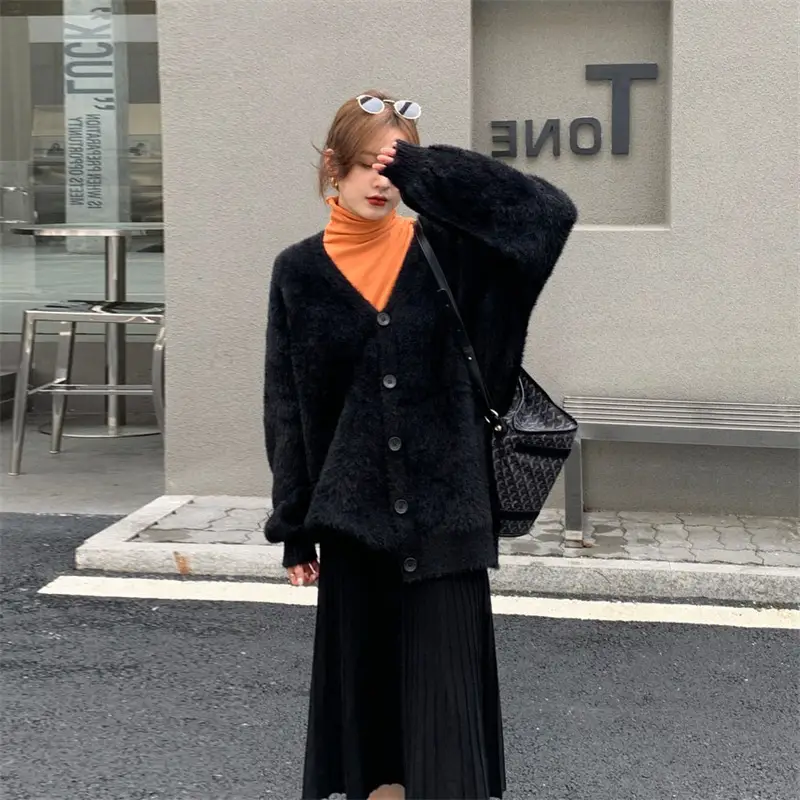 Japanese Style Mink Velvet V Neck Knitted Cardigan Women - Image 3