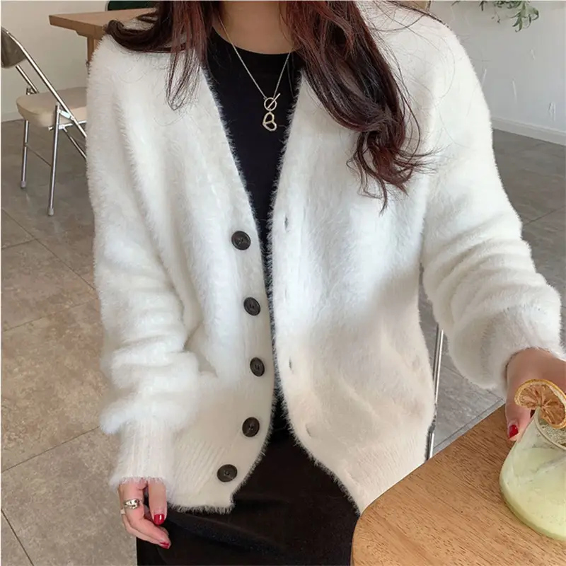 Japanese Style Mink Velvet V Neck Knitted Cardigan Women - Image 4