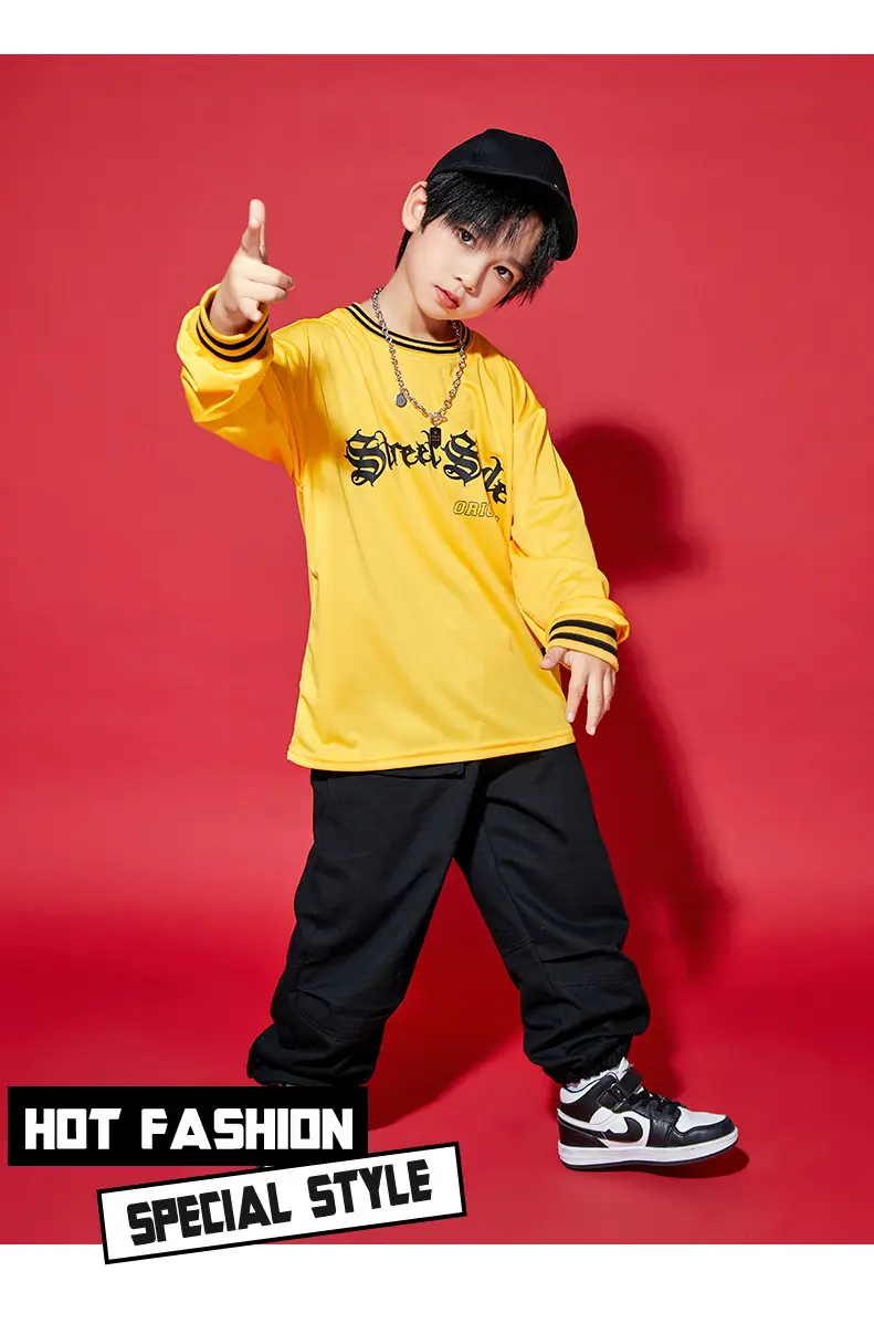 Children Hip-Hop Suit Yellow Black Loose Fit — feature 12