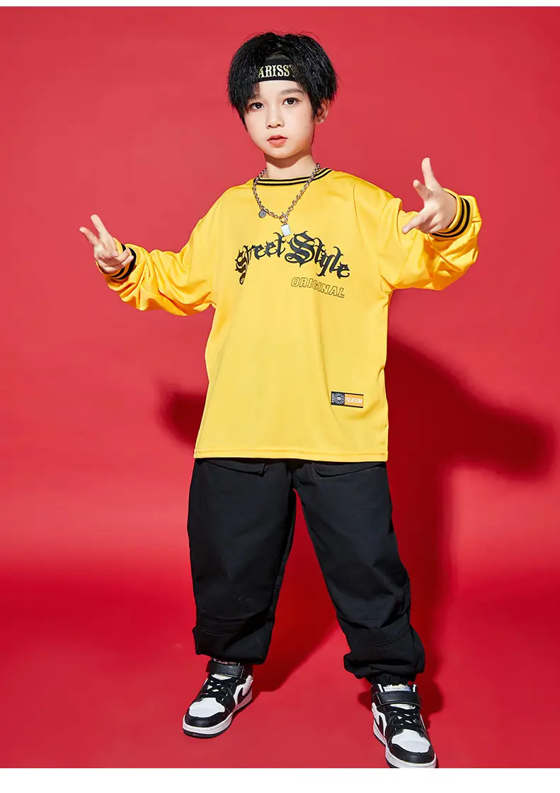 Children Hip-Hop Suit Yellow Black Loose Fit — feature 14