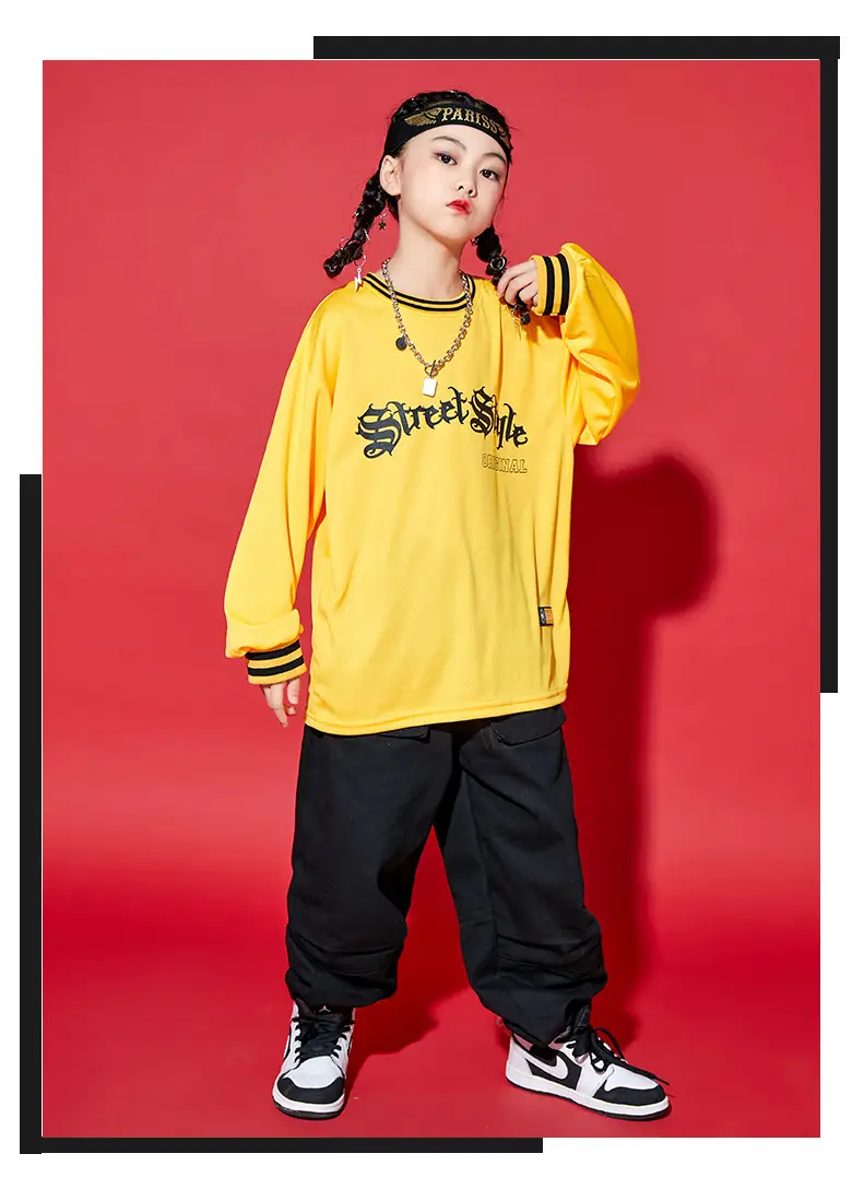 Children Hip-Hop Suit Yellow Black Loose Fit — feature 7