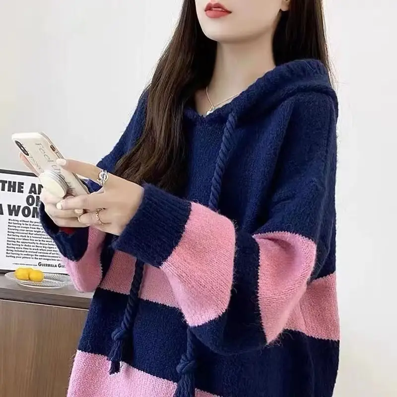 Women Loose Striped Hooded Sweater 2025 Spring Autumn Knit - Image 3