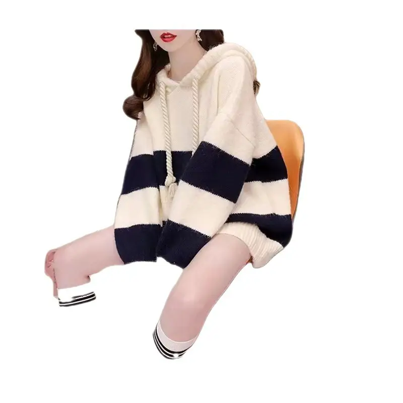 Women Loose Striped Hooded Sweater 2025 Spring Autumn Knit - Image 4