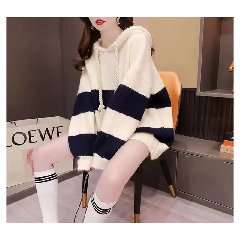Women Loose Striped Hooded Sweater 2025 Spring Autumn Knit — feature 2