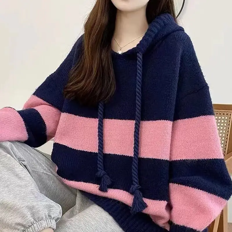 Women Loose Striped Hooded Sweater 2025 Spring Autumn Knit — feature 3