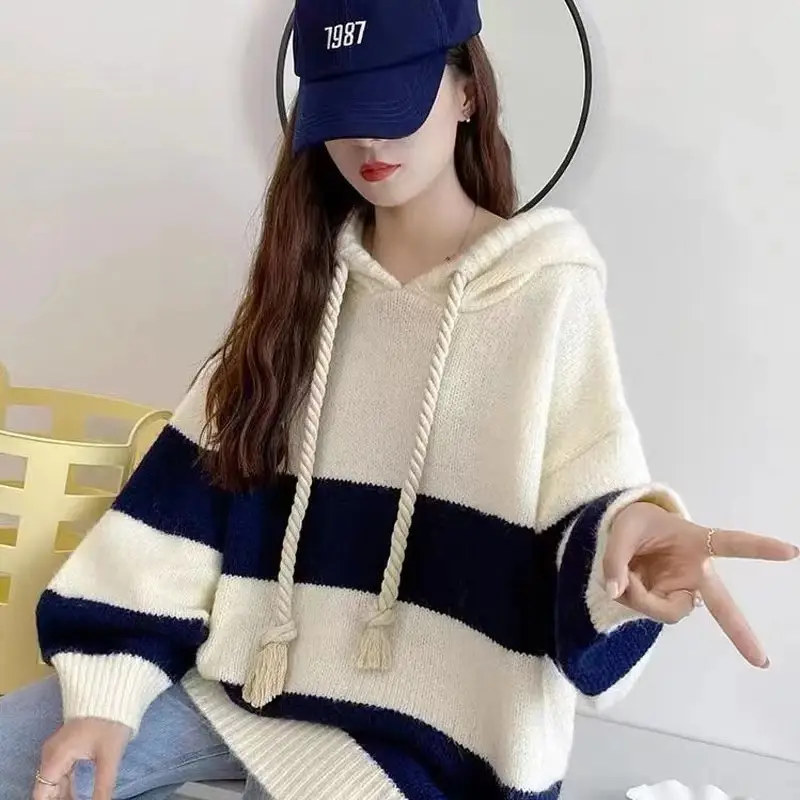 Women Loose Striped Hooded Sweater 2025 Spring Autumn Knit — feature 4