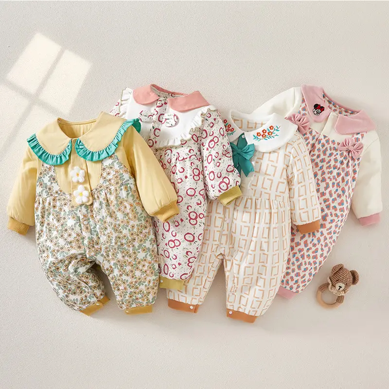 Baby Winter Quilted Romper Set with Printed Pants