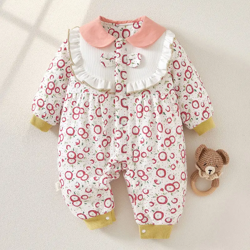 Baby Winter Quilted Romper Set with Printed Pants