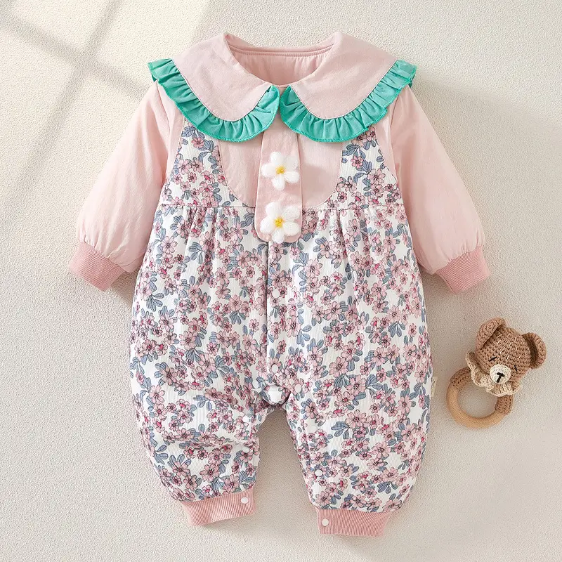 Baby Winter Quilted Romper Set with Printed Pants