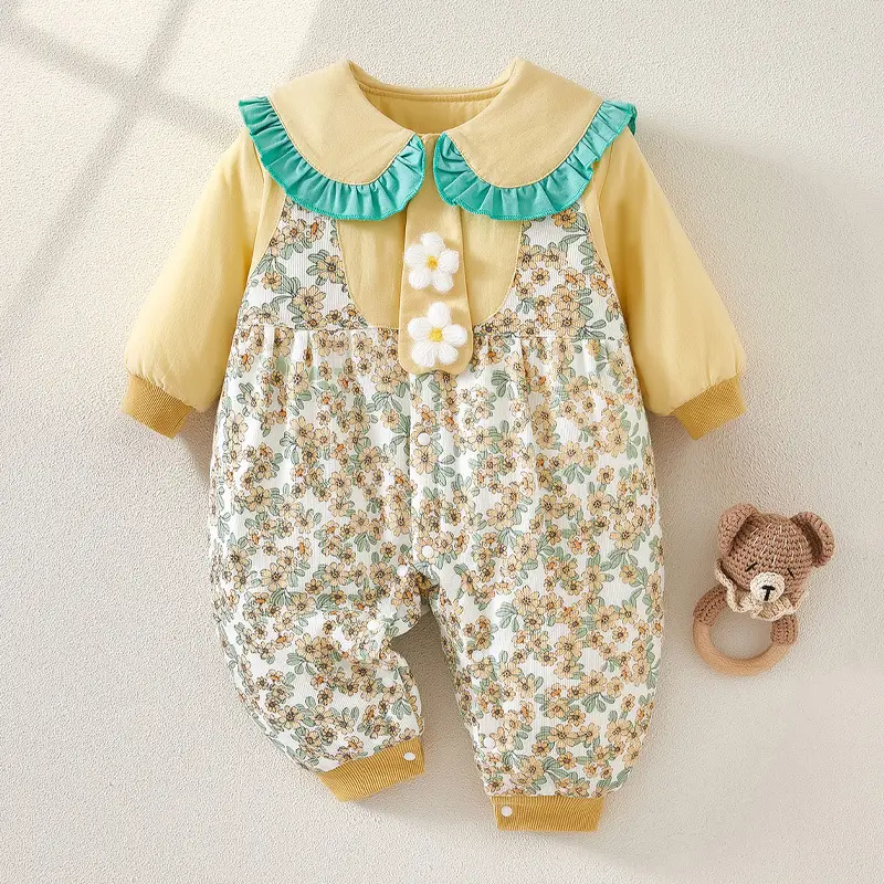Baby Winter Quilted Romper Set with Printed Pants