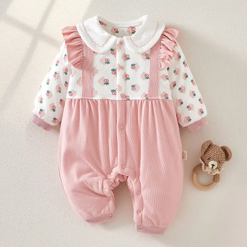 Baby Winter Quilted Romper Set with Printed Pants