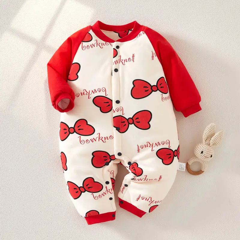 Baby Winter Quilted Romper Set with Printed Pants