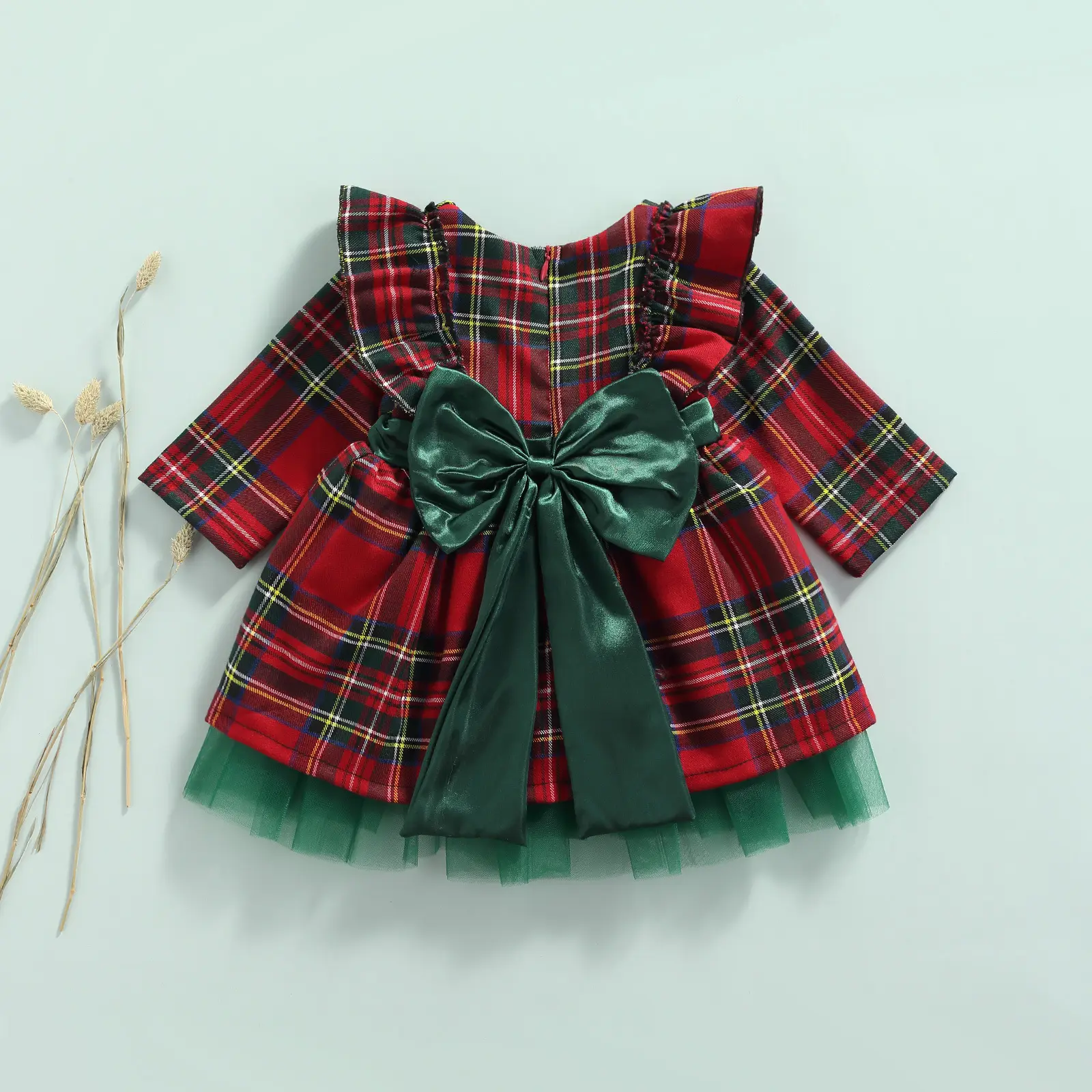 Girls Plaid Christmas Dress Long Sleeve Bow - Image 3