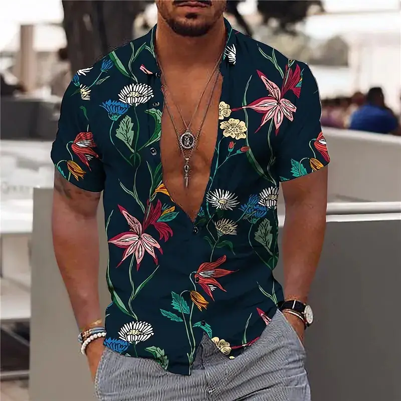 Men's Printed Hawaiian Summer Shirt Light Blue Leaf Pattern - Image 9