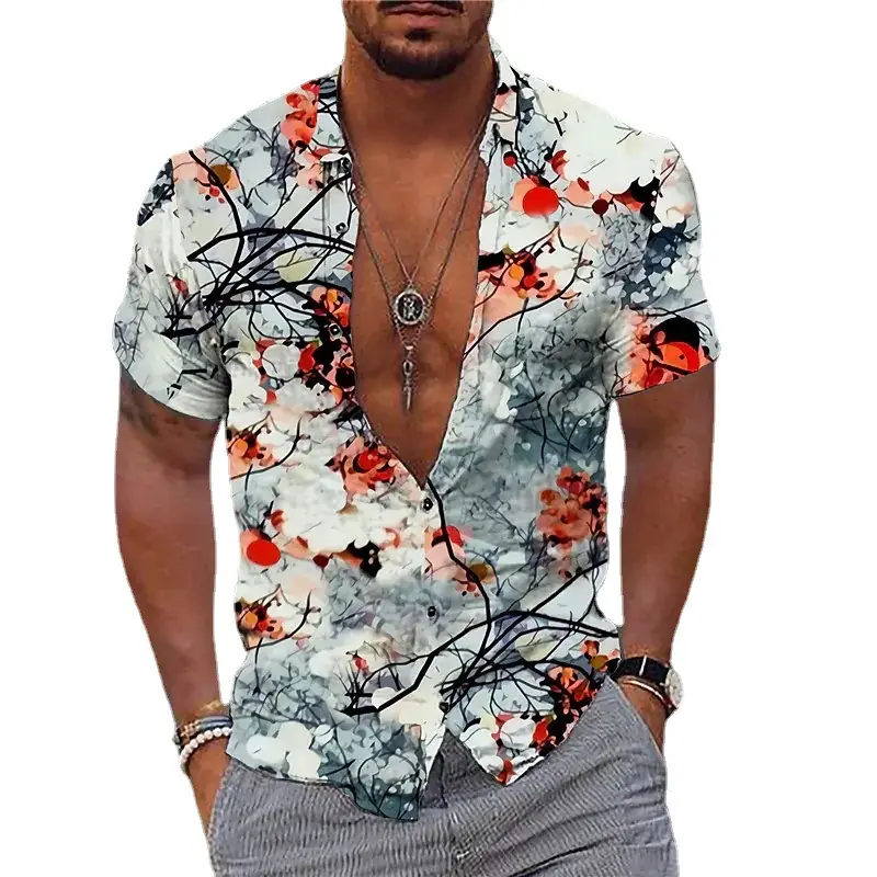 Men's Printed Hawaiian Summer Shirt Light Blue Leaf Pattern - Image 11