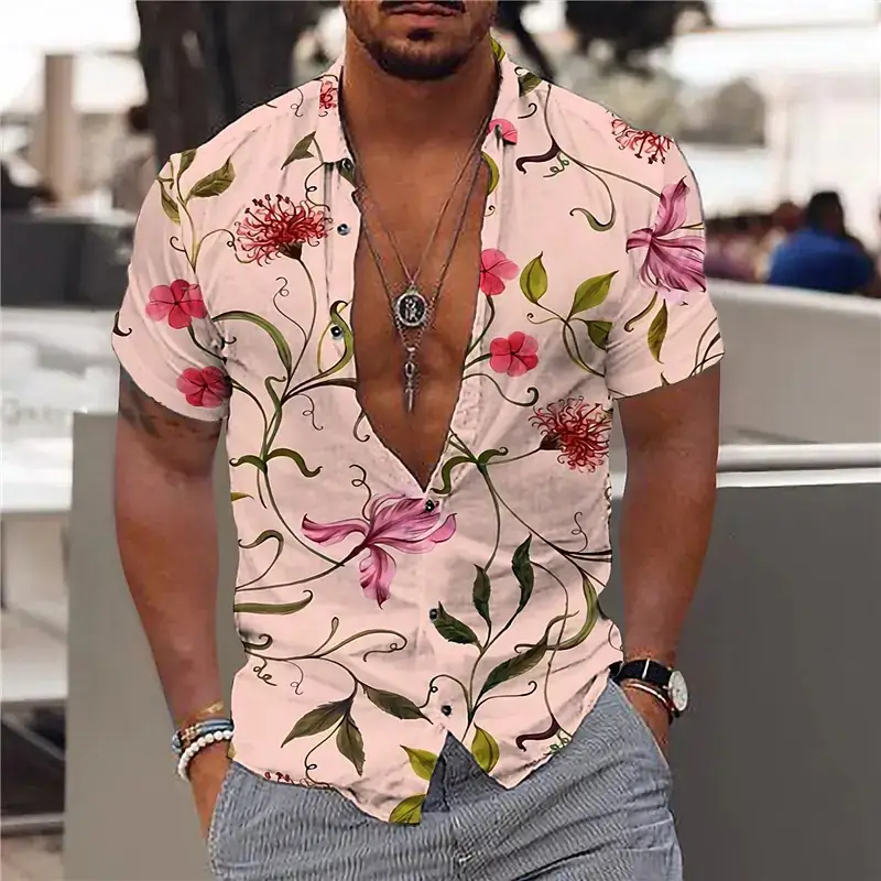 Men's Printed Hawaiian Summer Shirt Light Blue Leaf Pattern — feature 3