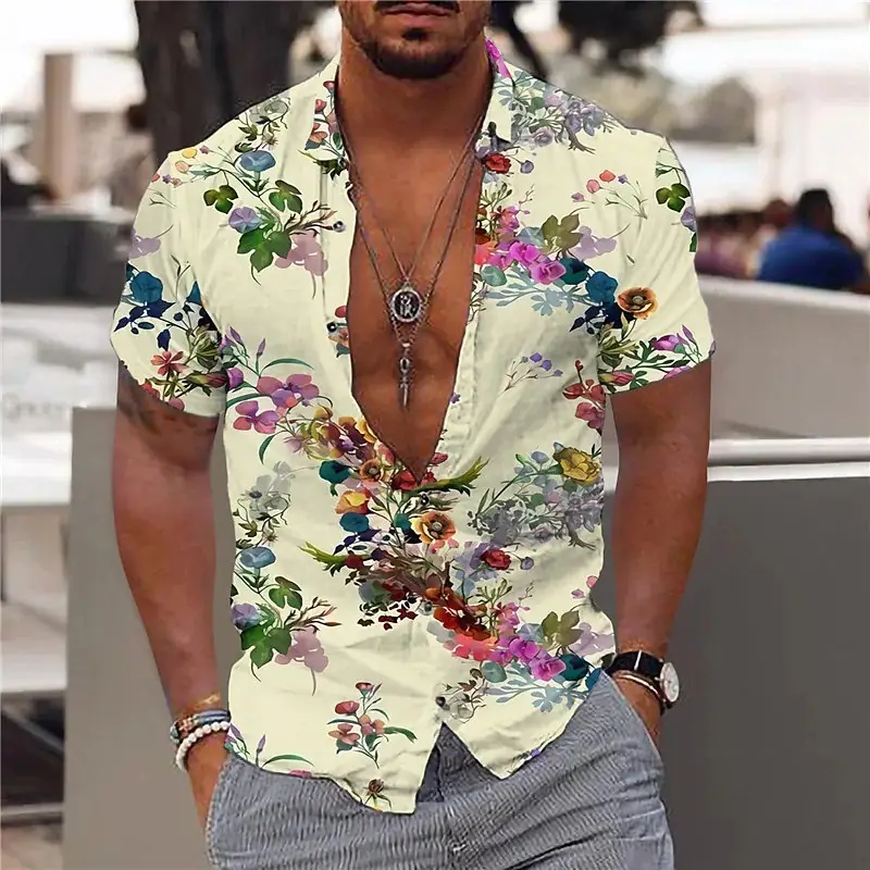 Men's Printed Hawaiian Summer Shirt Light Blue Leaf Pattern — feature 4