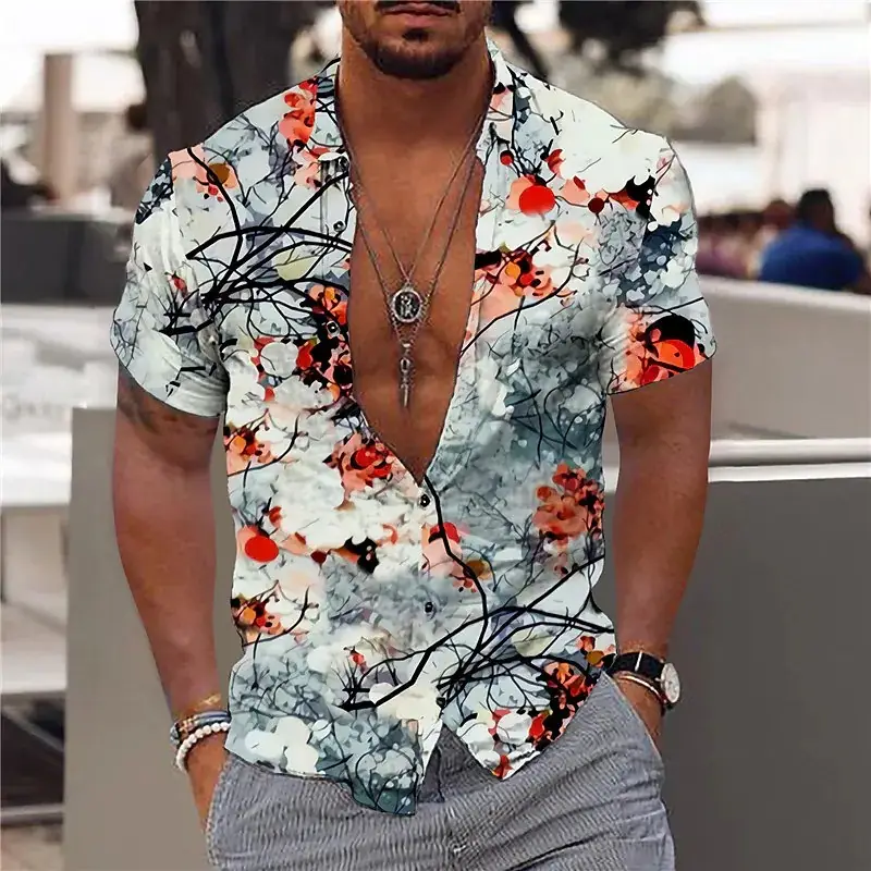 Men's Printed Hawaiian Summer Shirt Light Blue Leaf Pattern - Image 4
