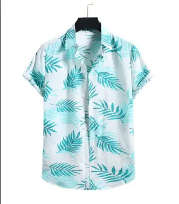 Men's Printed Hawaiian Summer Shirt Light Blue Leaf Pattern - Image 5