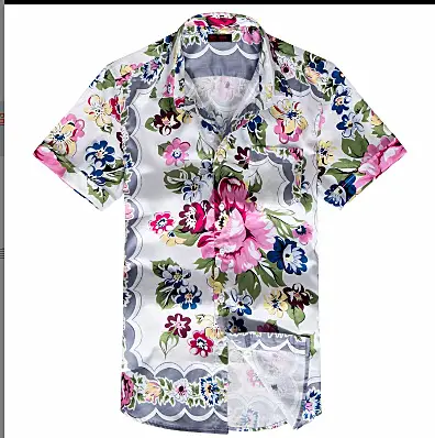 Men's Printed Hawaiian Summer Shirt Light Blue Leaf Pattern - Image 6