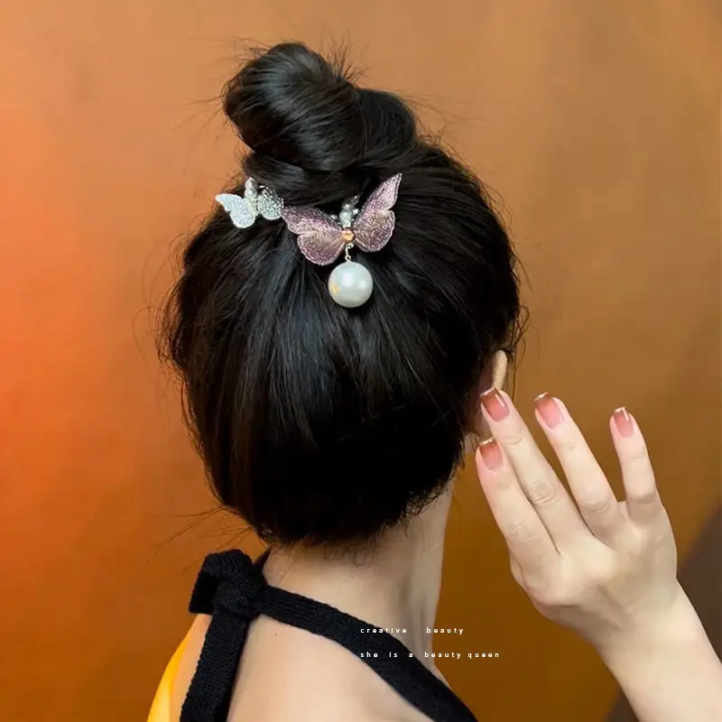 Pearl & Rhinestone Butterfly Hairpin for Women - Image 2