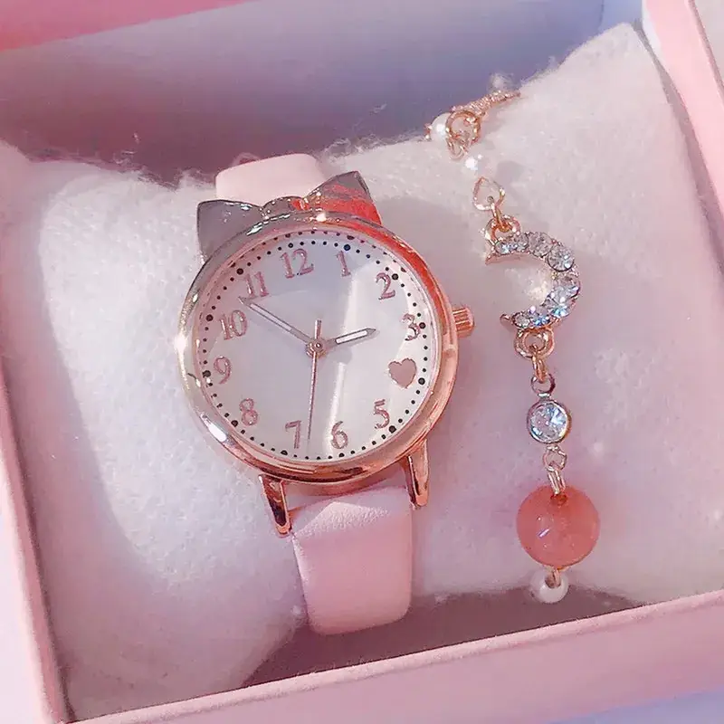 Cute Pink Heart Watch with Star Moon Bracelet Set - Image 11