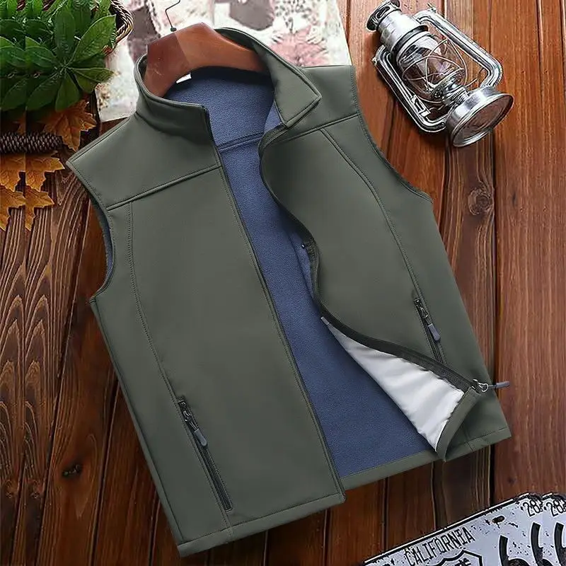 Men's Velvet Warm Vest Navy Blue Windproof Collar Large - Image 5