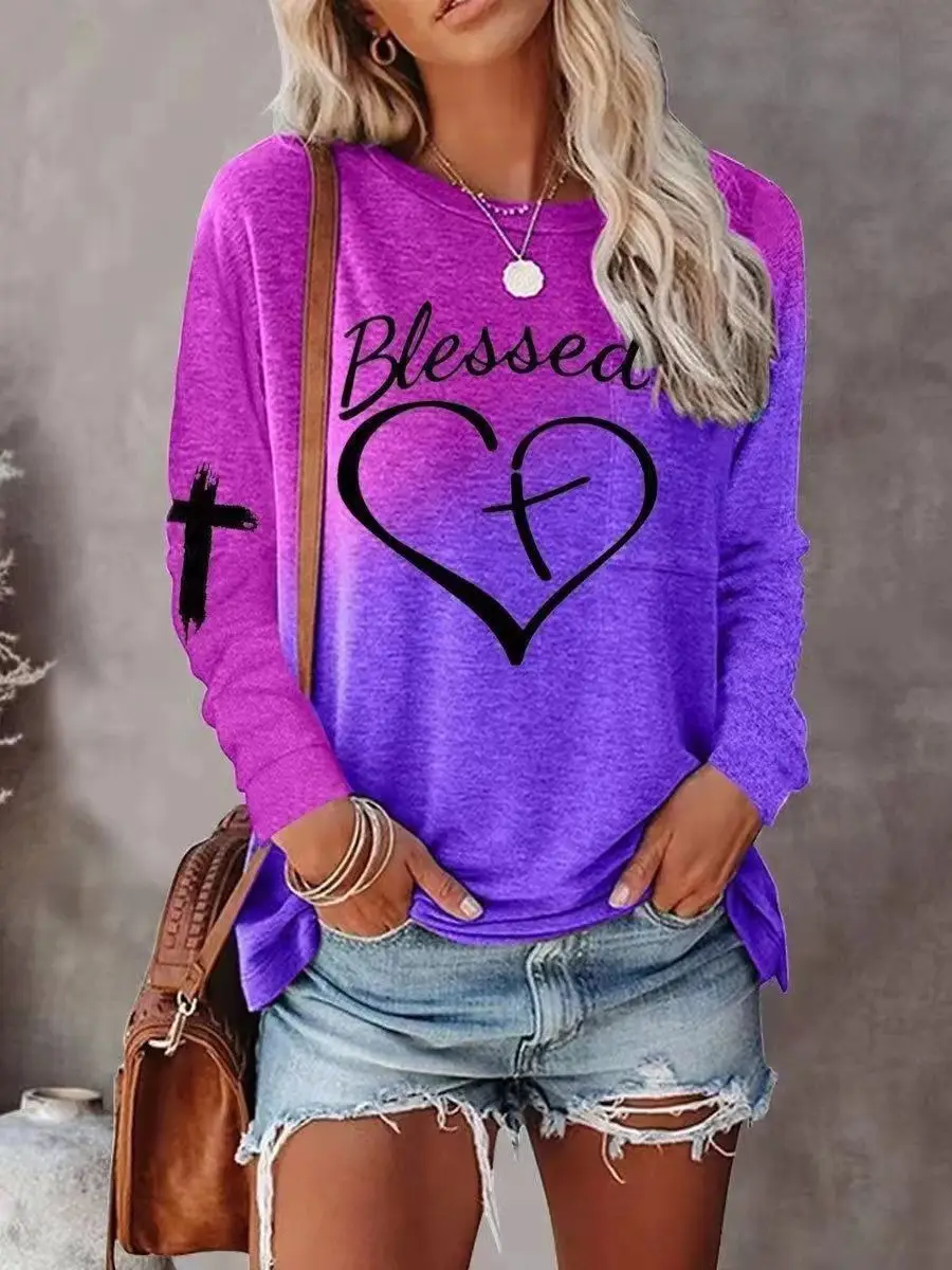 Women's Long Sleeve Printed T-Shirt Mint Blue Heart Design