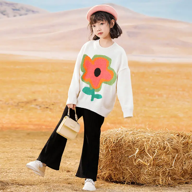 Girls Floral Long Sleeve Sweater White Medium to Large - Image 3