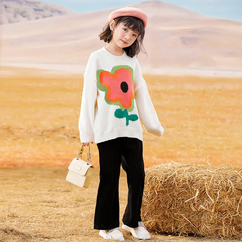Girls Floral Long Sleeve Sweater White Medium to Large - Image 4