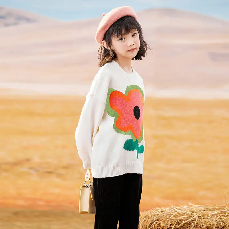 Girls Floral Long Sleeve Sweater White Medium to Large - Image 5